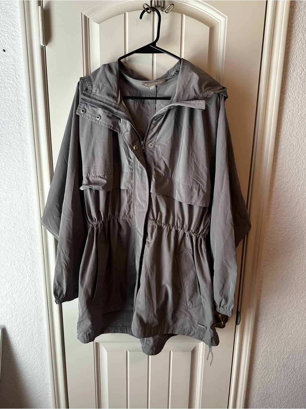 Athleta Rainfall Swing Parka Gray Utility Cinch Jacket size S/M